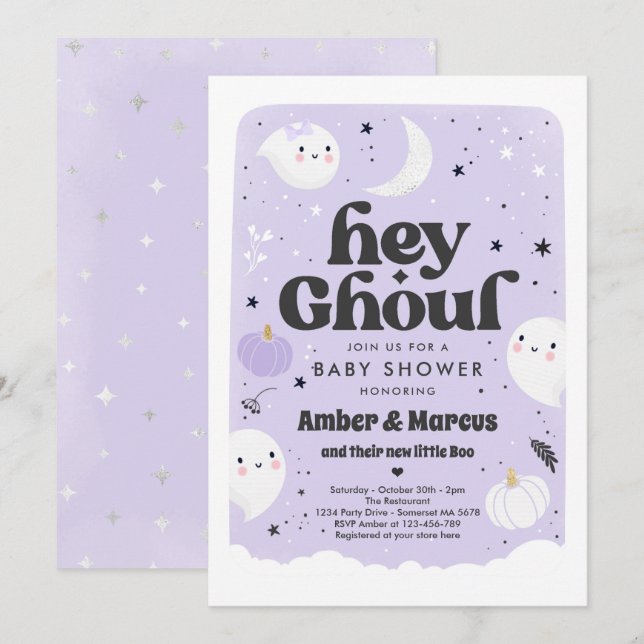 Hey Ghoul Purple Girl Ghost Baby Shower Invitation (Front/Back)