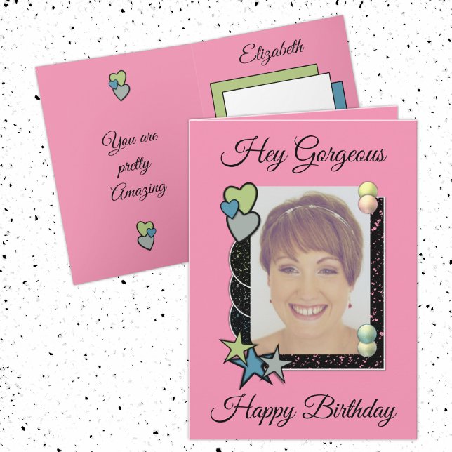 Hey gorgeous hearts stars photo pink birthday card (Creator Uploaded)