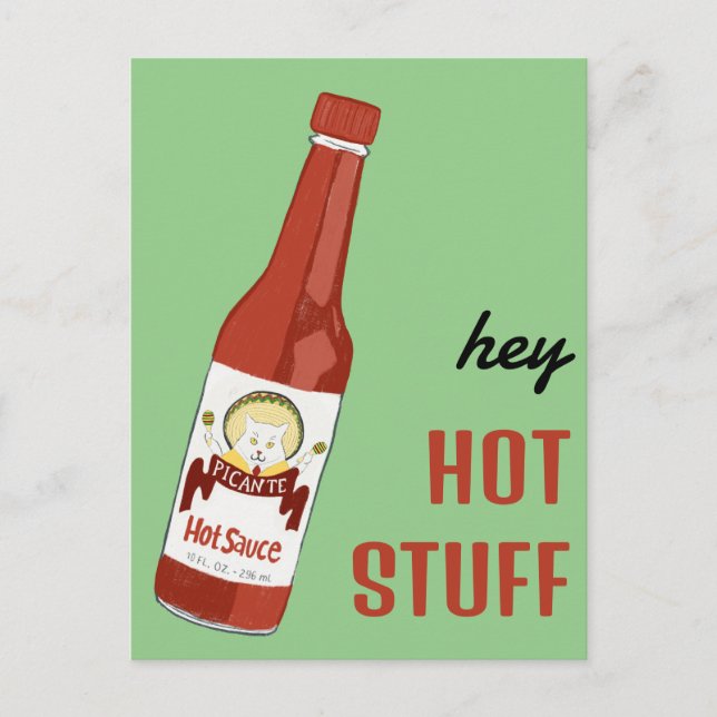 HEY HOT STUFF Spicy Hot Sauce Cat Maracas Love Postcard (Front)