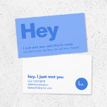 Hey I Just Met You | Fun Blue Dating Call Me Business Card<br><div class="desc">A simple stylish fun dating retro design business card with modern and handwritten script typography monogram with a dual tone colour scheme in shades of blue. The text can easily be personalised to make a design as unique as you are! The perfect trendy bespoke design for a single guy or...</div>