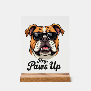 Hey Paws Up Vintage Bulldog with Sunglasses Funny  Acrylic Sign
