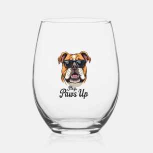Hey Paws Up Vintage Bulldog with Sunglasses Funny  Stemless Wine Glass