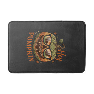 Hey Pumpkin Halloween Jack Lantern Glasses Mustach Bath Mat