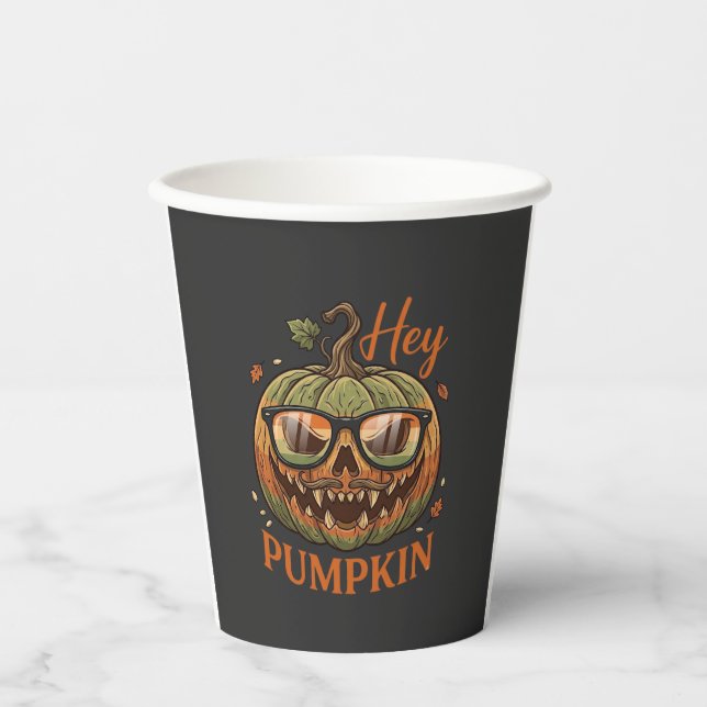 Hey Pumpkin Halloween Jack Lantern Glasses Mustach Paper Cups (Front)