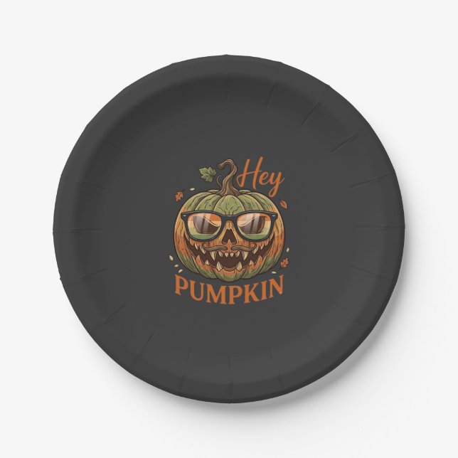 Hey Pumpkin Halloween Jack Lantern Glasses Mustach Paper Plate (Front)