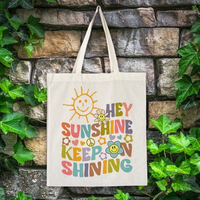 Hey Sunshine, Trendy Flowers Retro Vegan Tote Bag (Creator Uploaded)