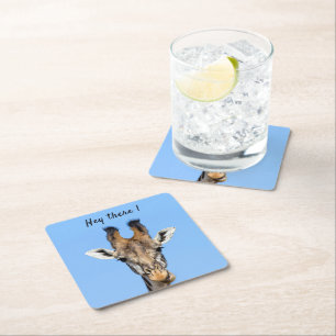 Hey there funny Giraffe photo with text Square Paper Coaster