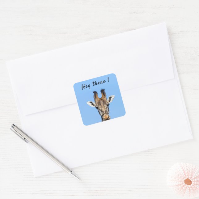 Hey there funny Giraffe photo with text Square Sticker (Envelope)