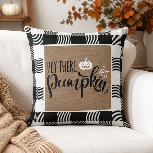 Hey There Pumpkin Burlap Buffalo Plaid Halloween Cushion (Cozy up your home for autumn with this rustic “Hey There Pumpkin” Halloween throw pillow.)