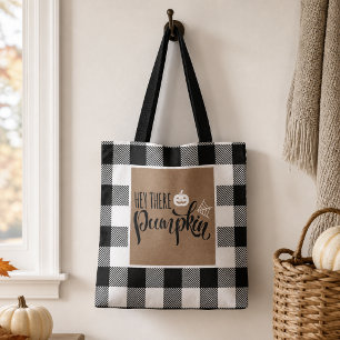 Hey There Pumpkin Burlap Buffalo Plaid Halloween Tote Bag