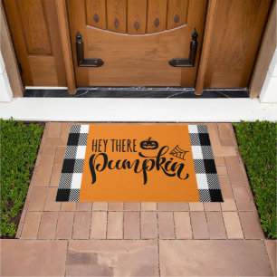 Hey There Pumpkin Halloween Buffalo Plaid Orange Doormat