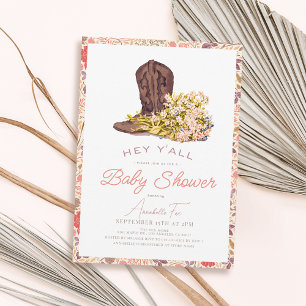 Hey Y'all Cowboy Boot & Bouquet Girl Baby Shower Invitation