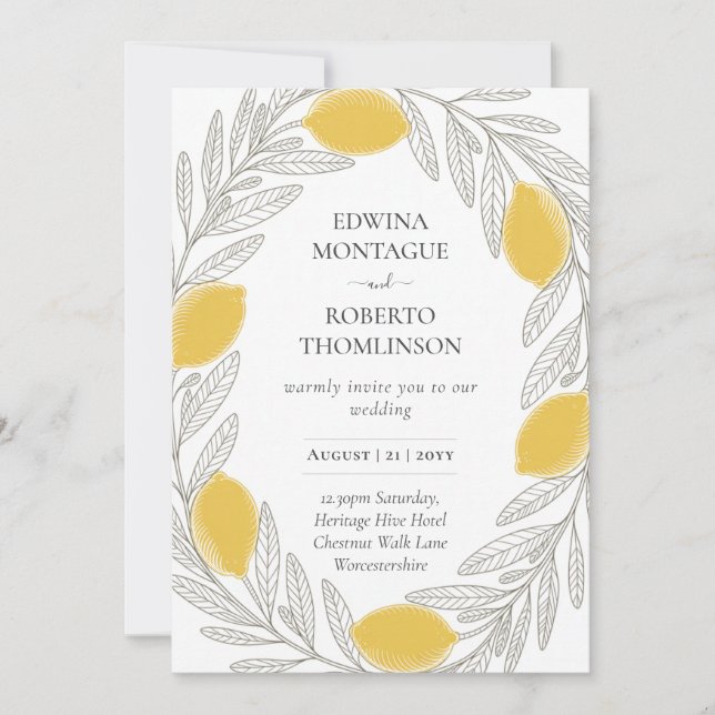 HHS Lemon Wreath Minimal Mediterranean Wedding Invitation (Front)