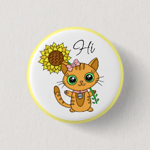 Hi and Hugs   Cute Cat with Sunflower 3 Cm Round Badge