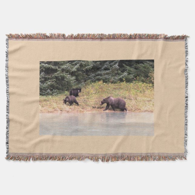 Hi def Photography of Mother Grizzly and 2 Cubs Throw Blanket (Front)