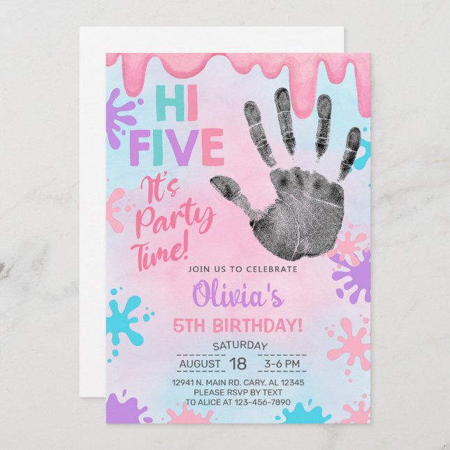 Hi five, party time, slime, girl birthday invite. invitation (Front/Back)
