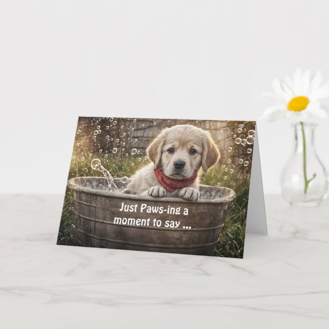 Hi Hello Cute Yellow Lab Puppy in a Tub Bubbles Card (Small Plant)