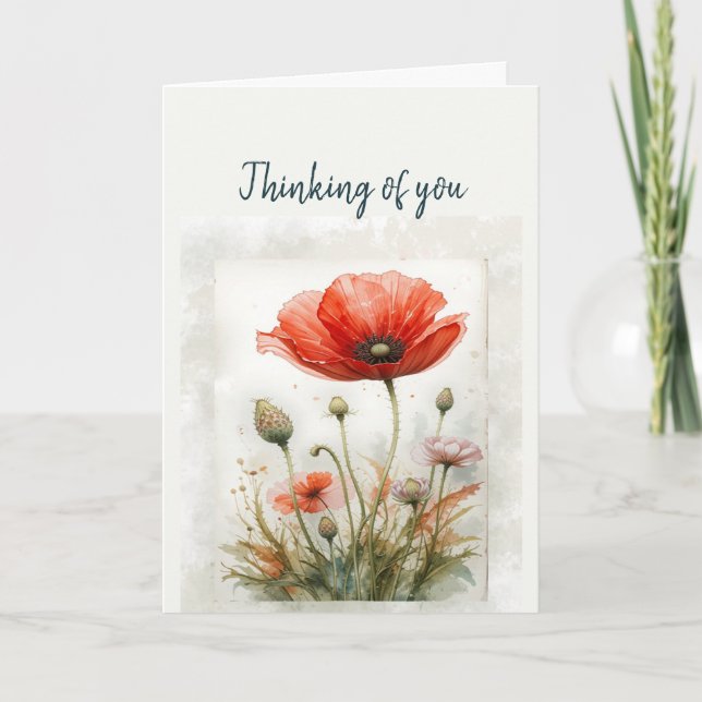 Hi Hello, Thinking of you, Garden Poppy Flower Art Card (Front)