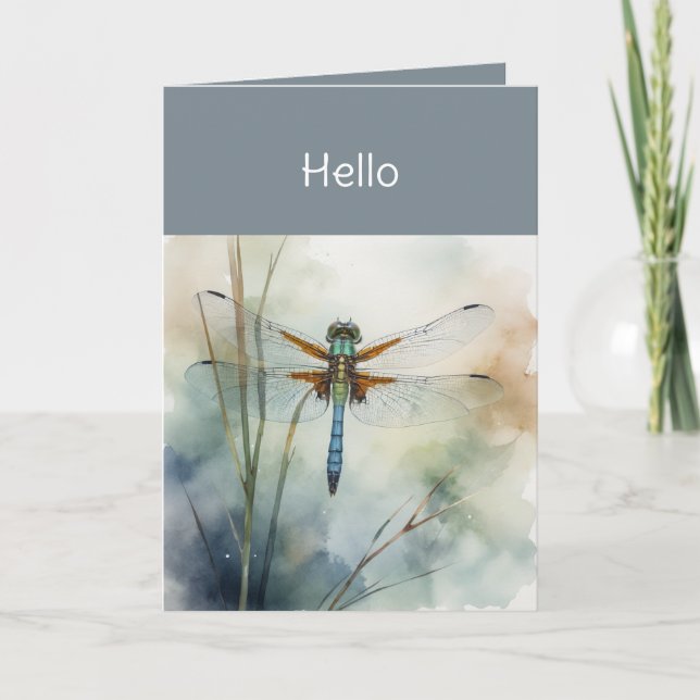 Hi Hello Watercolor Dragonfly Art Card (Front)