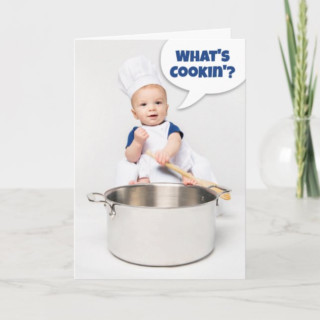 Hi Hello What's Cookin For Anyone Baby Chef Humour Holiday Card (Front)
