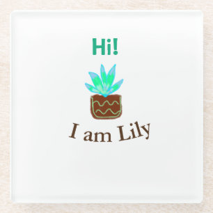 Hi I am Lily cactus succulent add name watercolor  Glass Coaster