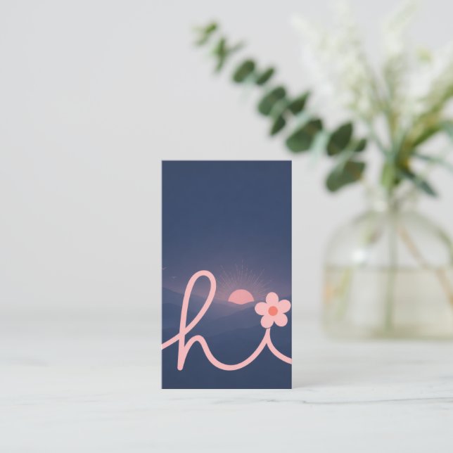 "hi" Script Mountain Sunset Design Business Card (Standing Front)