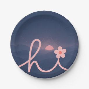 "hi" Script Mountain Sunset Design Paper Plate