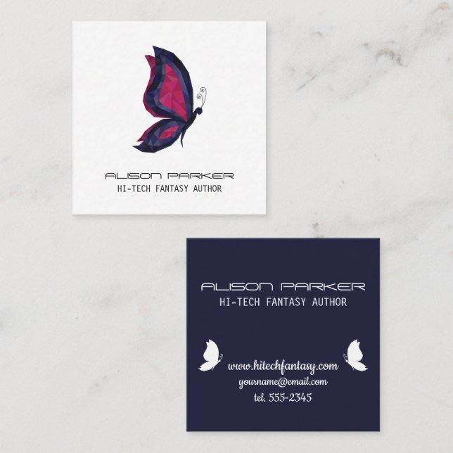 Hi tech butterfly wings fantasy author writer square business card (Front/Back)