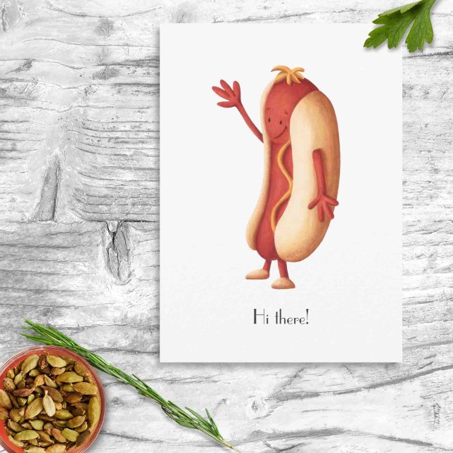 Hi There Minimalist Hot Dog with Mustard Cartoon Postcard (Funny Mustard Hot Dog Hello Postcard by Kinda Cute by Patricia Alvarez)