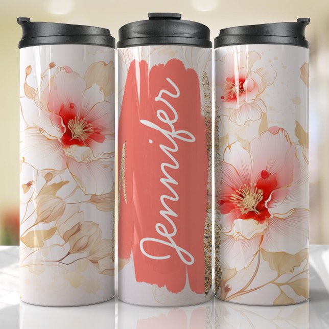 Hibiscus Add Name Peach Floral Custom Gift Thermal Tumbler (Floral Personalized Tumbler)