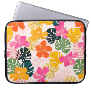 Hibiscus and monstera leaves tropical pattern desi laptop sleeve
