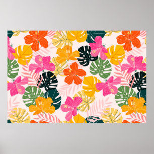 Hibiscus and monstera leaves tropical pattern desi poster