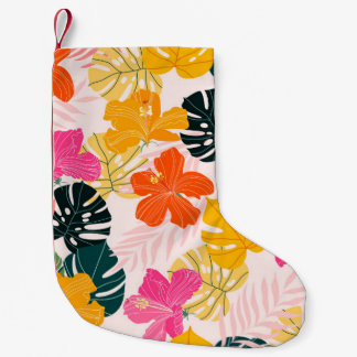 Hibiscus and monstera leaves tropical pattern desi small christmas stocking
