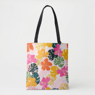 Hibiscus and monstera leaves tropical pattern desi tote bag