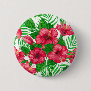Hibiscus and palm leaves 6 cm round badge