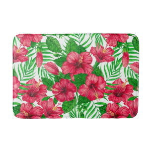 Hibiscus and palm leaves bath mat