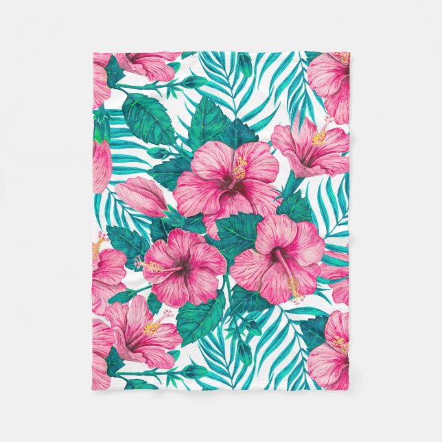Hibiscus and palm leaves fleece blanket (Front)