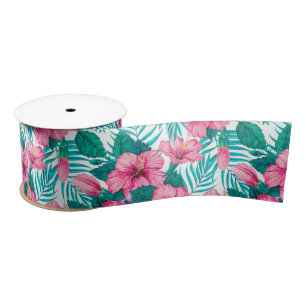 Hibiscus and palm leaves satin ribbon