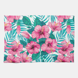 Hibiscus and palm leaves tea towel