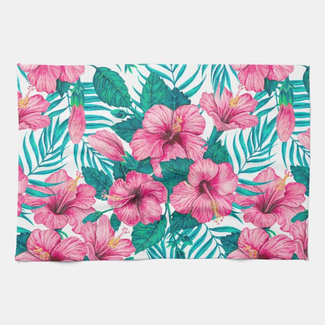 Hibiscus and palm leaves tea towel (Horizontal)