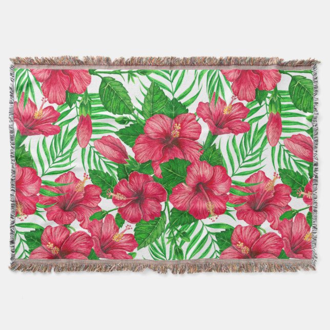 Hibiscus and palm leaves throw blanket (Front)