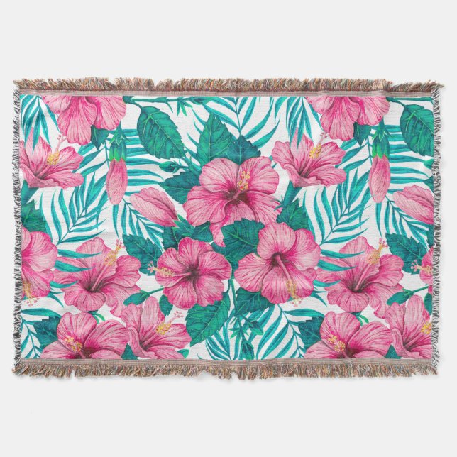 Hibiscus and palm leaves throw blanket (Front)