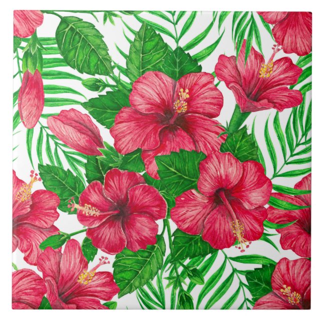 Hibiscus and palm leaves tile (Front)