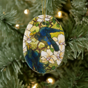 Hibiscus and Parrots Stained Glass Window Ceramic Tree Decoration