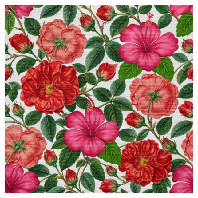 Hibiscus and Rose Botanical Pattern Fabric (Swatch)
