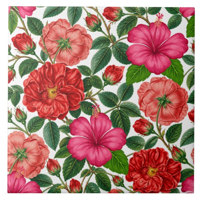 Hibiscus and Rose Botanical Pattern Tile (Front)