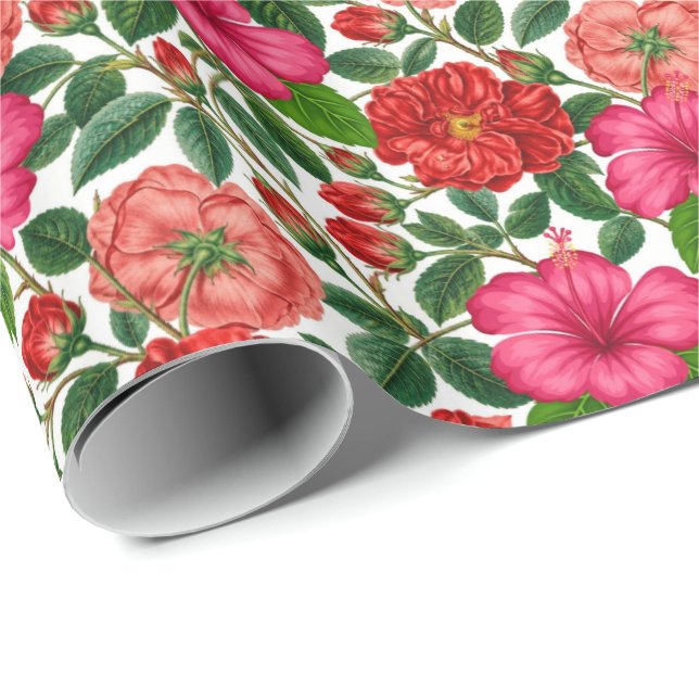 Hibiscus and Rose Botanical Pattern Wrapping Paper (Roll Corner)