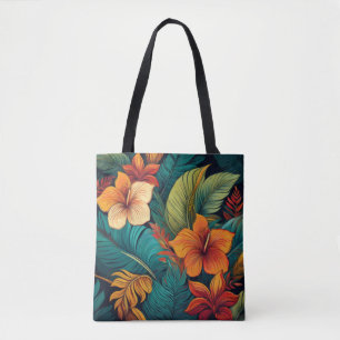 Hibiscus and Tropical Leaves Tote Bag