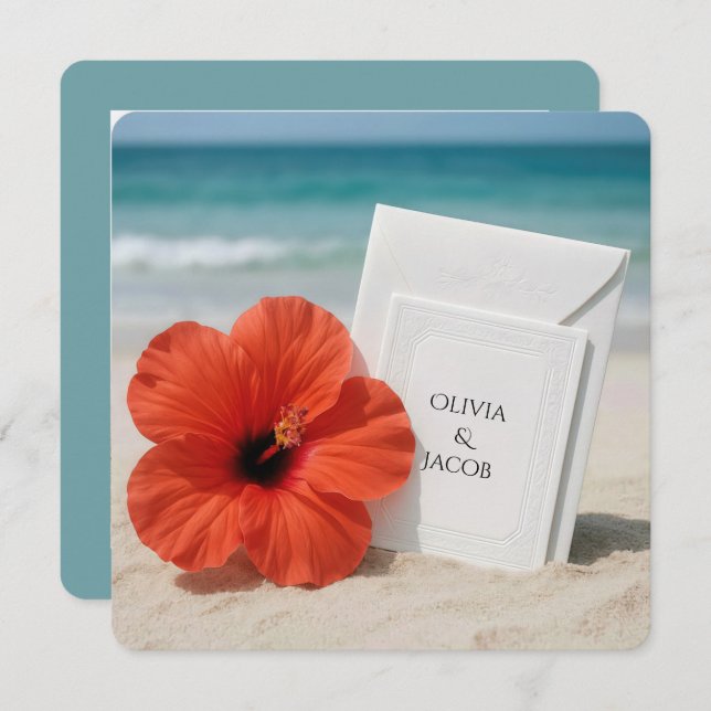 Hibiscus Beach Wedding Invitation In Sand (Front/Back)