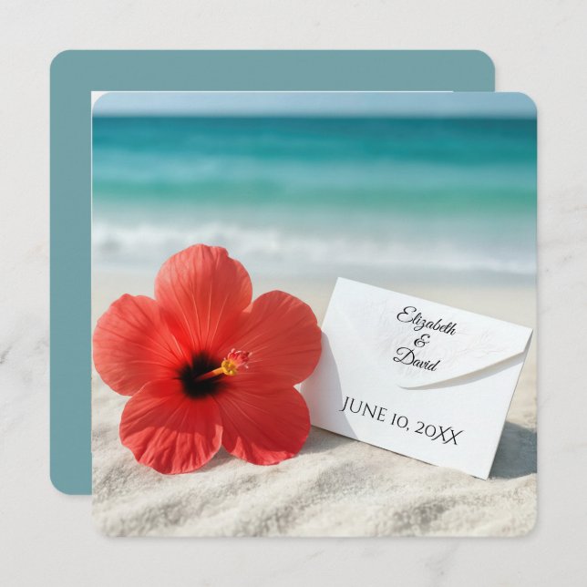 Hibiscus Beach Wedding Invitation In Sand (Front/Back)